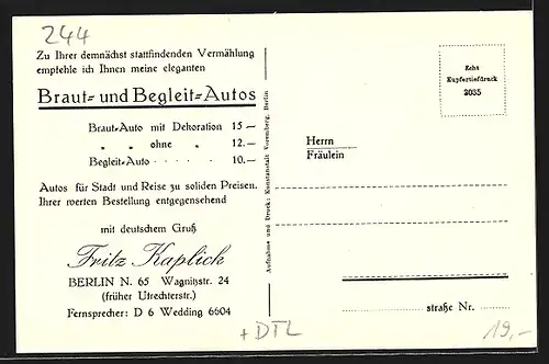 AK Berlin-Wedding, Auto Packard (192 ), Autovermietung Fritz Kaplick, Wagnitzstrasse 24 (Utrechter Strasse)