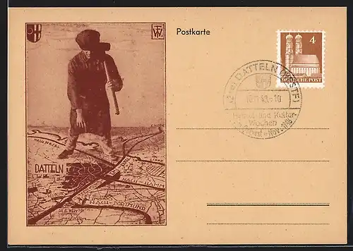 AK Datteln, Heimat- und Kulturwochen 1948, Arbeiter zeigt auf die Umgebungskarte, Wappen