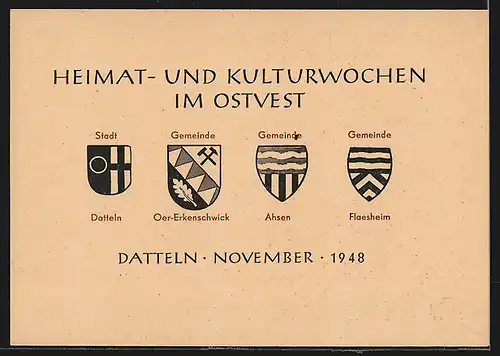 AK Datteln, Heimat- und Kulturwochen 1948, Arbeiter zeigt auf die Umgebungskarte, Wappen
