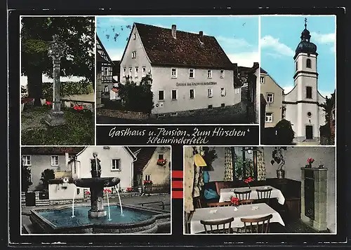 AK Kleinrinderfeld, Gasthaus u. Pension Zum Hirschen, Kirche, Denkmal, Brunnen