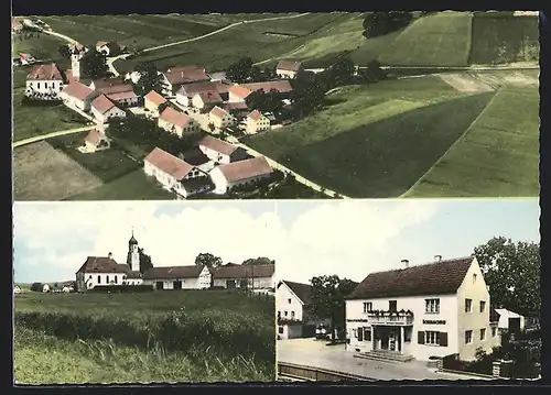 AK Hinterskirchen / Neufraunhofen, Ortsansicht aus der Vogelschau, Kirche über ein Feld