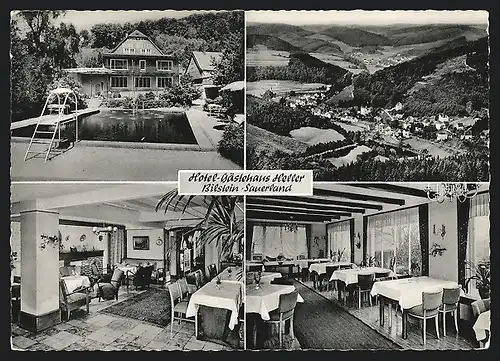 AK Bilstein-Sauerland, Hotel-Gästehaus Heller, Innenansicht, Schwimmbad, Ortsansicht aus der Vogelschau