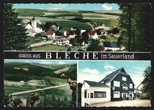 AK Bleche im Sauerland, Ortsansicht vom Hügel aus, Gaststätte Hermann Albus