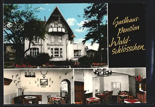 AK Oberbeisheim, Gasthaus-Pension Waldschlösschen, Innen- und Aussenansicht, Inh. Gisela Lewandowski