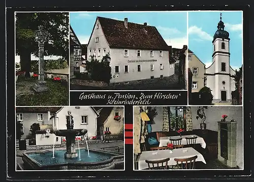 AK Kleinrinderfeld, Gasthaus Zum Hirschen, Kirche und Brunnen
