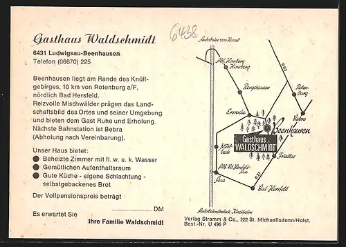 AK Ludwigsau-Beenhausen, Gasthaus Waldschmidt, Innen- und Aussenansicht, Ortsansicht, Weiher mit Steg