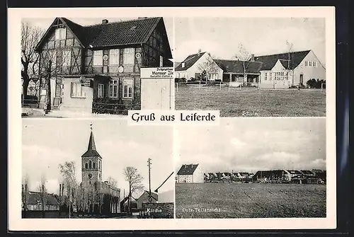 AK Leiferde / Braunschweig, Gaststätte Hopert, Teilansicht, Schule, Kirche