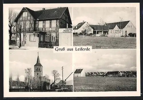 AK Leiferde / Braunschweig, Gaststätte Hopert, Teilansicht, Schule, Kirche