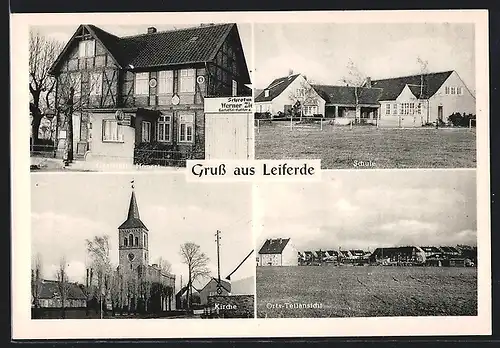 AK Leiferde / Braunschweig, Gaststätte Hopert, Teilansicht, Schule, Kirche