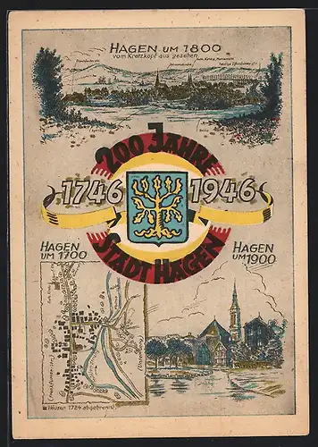 Künstler-AK Hagen / Westfalen, Festpostkarte zur 200-Jahrfeier 1946