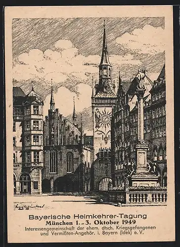 Künstler-AK München, Bayerische Heimkehrer-Tagung 1949, Altes Rathaus