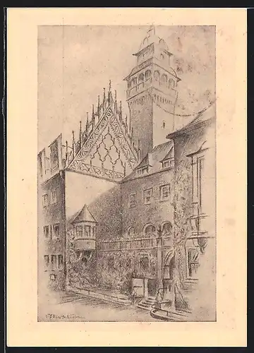 Künstler-AK Zeitz, Festpostkarte zur 980-Jahrfeier 1947, Rathaus mit spätgotischem Giebel