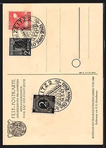 Künstler-AK Zeitz, Festpostkarte zur 980-Jahrfeier 1947, Rathaus mit spätgotischem Giebel
