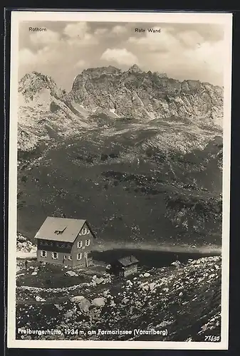 AK Freiburgerhütte am Formarinsee (Vorarlberg), Blick auf Rothorn und Rote Wand