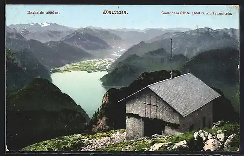 AK Gmundenerhütte, Berghütte am Traunstein mit Dachsteinblick