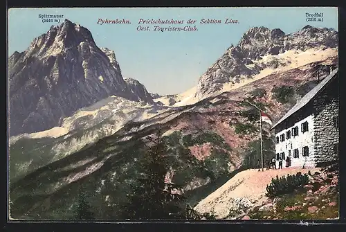 AK Prielschutzhaus der Sektion Linz, Öst. Touristen-Club, Berghütte mit Spitzmauer und Brodfall