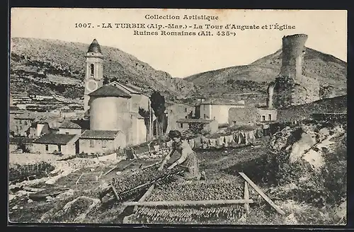 AK La Turbie, La Tour d`Auguste et l`Église, Ruines Romaines