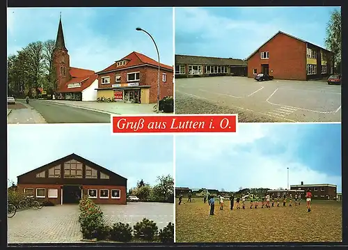 AK Lutten i. O., Kirche und Lebensmittelgeschäft, Parkplatz, Sportplatz
