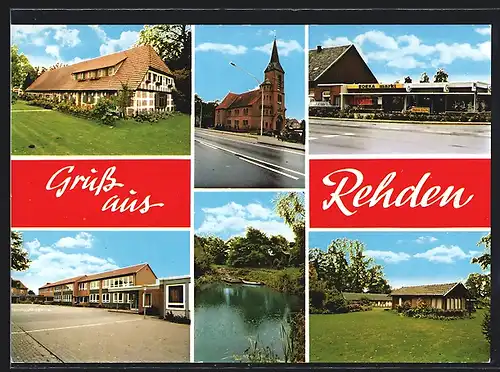 AK Rehden /Kr. Diepholz, Edeka-Markt Johanning, Kirche, Uferpartie