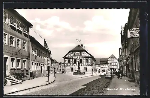 AK Münnerstadt /Ufr., Strassenpartie am Rathaus
