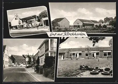 AK Kirchherten, vier Ansichten des Ortes mit Aral-Tankstelle