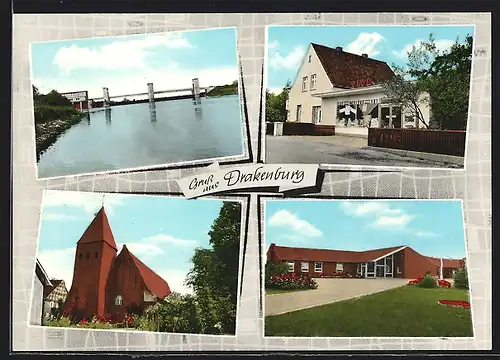 AK Drakenburg, Blick auf die Brücke, Partie an der Kirche, Ortsansicht mit Vivo-Markt