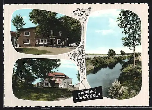 AK Sandhatten, Blick auf Geschäft, Wasserpartie