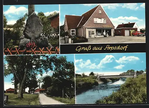 AK Arpsdorf, Gedenkstein, Edeka Geschäft, Brücke an einer Wasserpartie