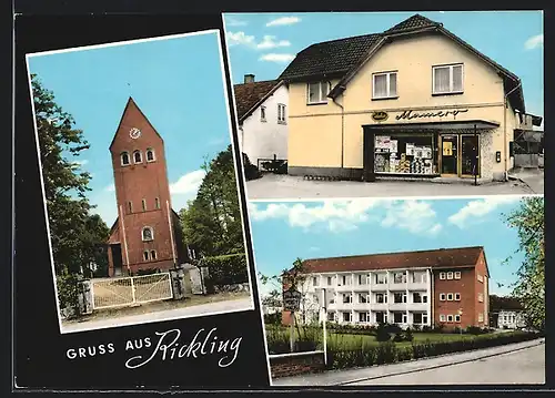 AK Rickling /Kr. Segeberg, Edeka Geschäft, Kirche, Vogt Haus