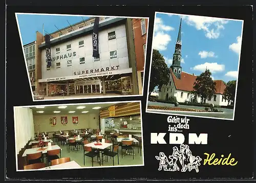 AK Heide /Holst., KDM Kaufhaus mit Kaiser`s Kaffee-Geschäft AG, Kirche