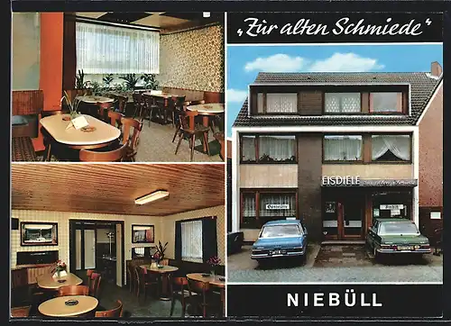 AK Niebüll /Nordfriesland, Gaststätte Zur alten Schmiede, Autos auf dem Parkplatz