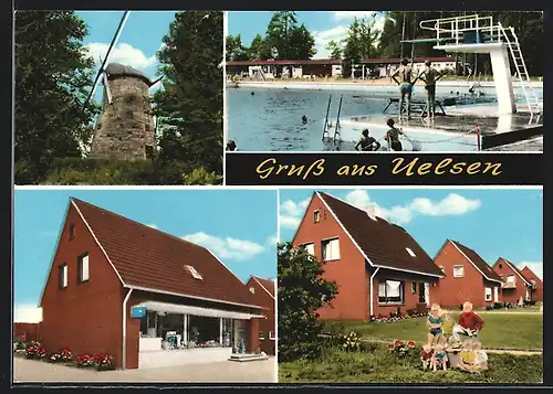 AK Uelsen /Kr. Bentheim, Windmühle, Schwimmbad, Wohnhäuser