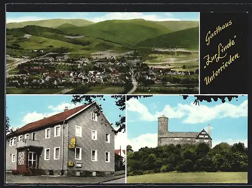 AK Unterrieden /Kr. Witzenhausen, Gasthaus Zur Linde, Burg, Ortsansicht