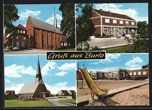 AK Burlo /Westf., Kirche, Spielplatz, Sparkasse