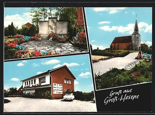 AK Gross-Hesepe, Ortsansichten mit Lebensmittel-Geschäft und Kirche