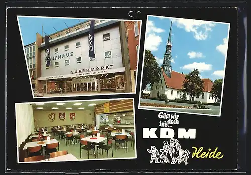 AK Heide /Holst., KDM Kaufhaus mit Restaurant, Kirche