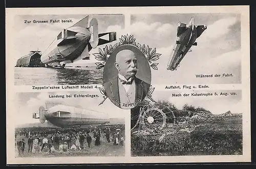 AK Zeppelin`sches Luftschiff Modell 4 vom Start bis zur Zeppelinkatastrophe am 5. Aug. 1908 in Echterdingen