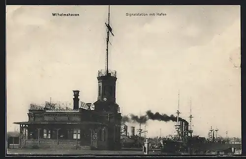 AK Wilhelmshaven, Signalstation mit Hafen, Dampfer