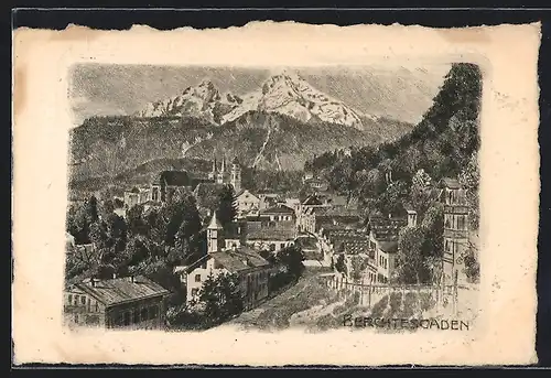 Künstler-AK Berchtesgaden, Ortsansicht aus der Vogelschau