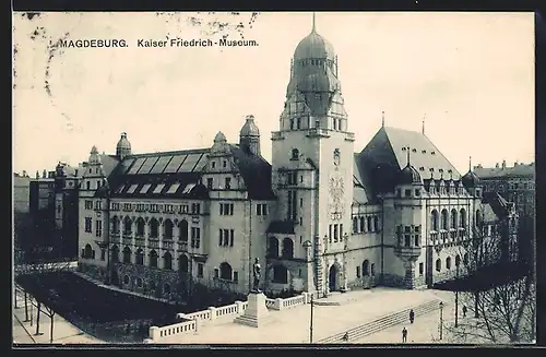 AK Magdeburg, Kaiser-Friedrich-Museum mit Kaiser-Friedrich-Denkmal
