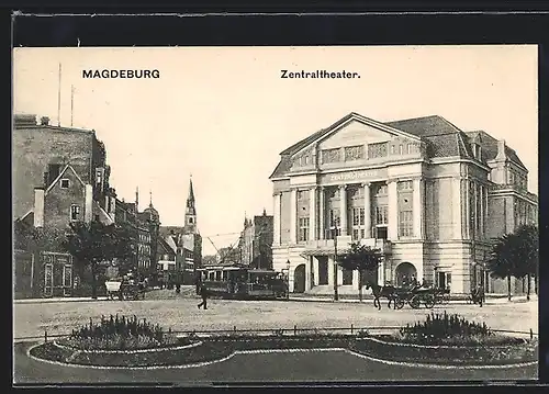 AK Magdeburg, Zentraltheater mit Strassenbahn