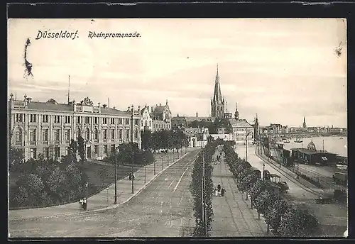 AK Düsseldorf, Rheinpromenade aus der Vogelschau