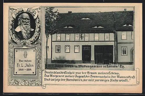 AK Kölleda /Th., Wohnhaus und Portrait des Turnvaters Jahn