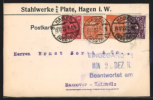 AK Hagen i. W., Geschäftskarte Stahlwerke R. & H. Plate