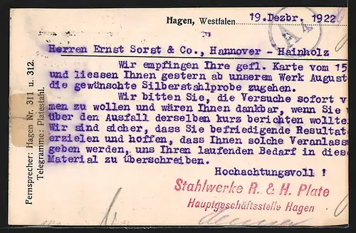 AK Hagen i. W., Geschäftskarte Stahlwerke R. & H. Plate