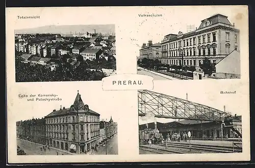 AK Prerov, Bahnhof /Nádrazi, Obecné skoly, Palackého tridy