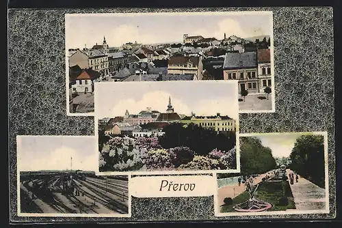 AK Prerov, Zwei Ortsansichten, Bahnhof, Parkanlage