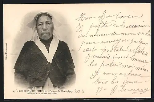 AK Mirebeau-en-Poitou, Femme de Champigny coiffèe du cayon ou bourrelet