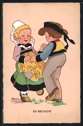 Künstler-AK Tanzendes Paar in Tracht der Bretagne