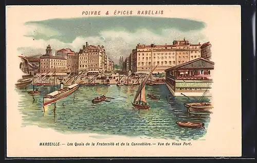 Lithographie Marseille, Les Quais de la Fraternité, Vue du Vieux Port